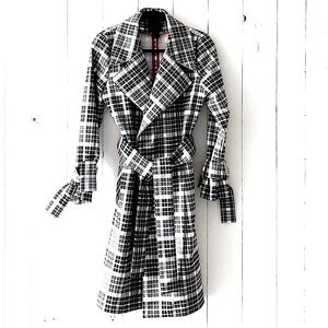 MAISON CINQCENT 500 Checks Plaid Black White Tie Trench Coat at Revolve …